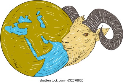 Vector Drawing sketch style illustration of a mountain goat ram head looking to the side with globe map showing middle east. .