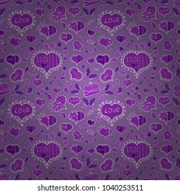 Vector. Drawing in sketch style on neutral, violet and white colors. Wedding and invatation card concept. Wrapping paper. Valentine':s day. Seamless Love doodle romantic background vector with hearts.