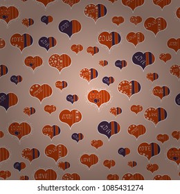 Vector. Drawing in sketch style on neutral, orange, white, violet and beige colors. Valentine':s day. Abstract seamless love pattern. Wrapping paper. Heart Doodle.