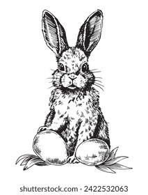  vector drawing in sketch style. vintage Easter bunny with eggs and flowers. black and white illustration