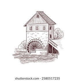 vector drawing sketch of watermill, vintage element, hand drawn illustration