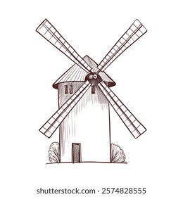 vector drawing sketch of windmill, vintage element, hand drawn illustration