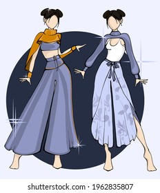 vector drawing, sketch of women's clothing.fashion design, fashion.Costume illustration. drawing of a set of clothes with a skirt trousers and a cropped sweater