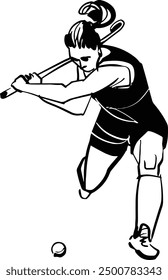 Vector drawing of a sketch-style girl athlete playing field hockey