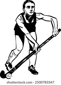 Vector drawing of a sketch-style girl athlete playing field hockey