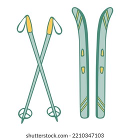 Vector Drawing Of Ski Poles And Doodle-style Skis On A White Background.