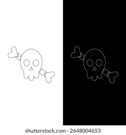 Vector drawing skull with a bone, dotted line color black and white flat style