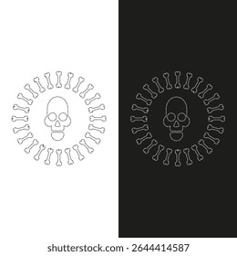 Vector drawing skull in a circle, dotted line color black and white flat style
