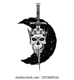Dibujo vectorial de un cráneo en una corona al fondo de una luna negra. Espiga rota del fantástico rey. Tatuaje negro. Ilustraciones vectoriales para la impresión de camisetas.