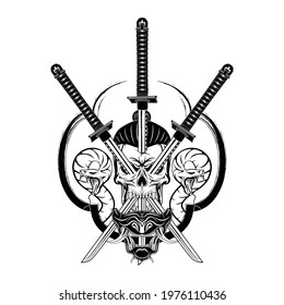 Vector drawing of a skull of the fantasy Samurai. Ninja assassin. Dead head. Japanese mythical demon warrior. Illustrations for t shirt print. Black tattoo.