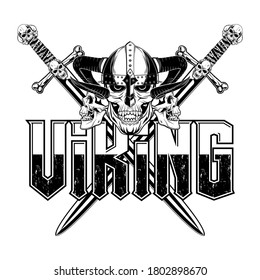 Vector drawing of skull in horned helmet and two swords. Vikings. Fantastic Celtic warrior. Dead hero. Vector illustrations of Scandinavian myths for t shirt print. Black tattoo.