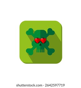 Vector drawing skull. Icon skull eyes heart, color green flat style