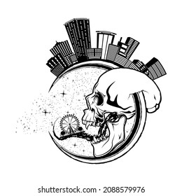 Vector drawing of a skull, a moon and a city. Silhouette of a megalopolis. Vector illustrations for t shirt print. Black tattoo. Poster.