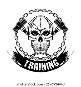 Vector drawing of a skull on the background of a chain and sports sledgehammers. Warrior training. Illustrations for t shirt print. Hand drawn sport logos, badges, labels. Poster.