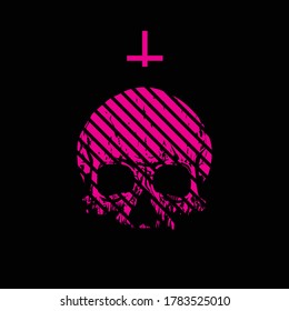 Vector drawing of a skull and a pink inverted cross on a black background. Design for devilish t-shirts or posters.