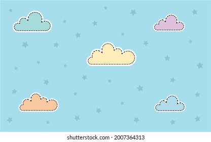 Vector drawing of sky, clouds and stars backdrop - wallpaper for children's room - calming colors