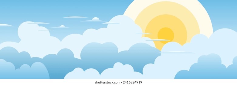 Vector drawing of sky, sun in the clouds, cartoon illustration, natural background