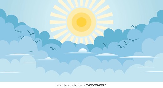 Vector drawing of sky, sun in the clouds, cartoon illustration, natural background