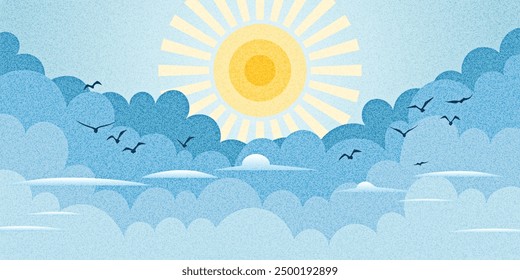 Vector drawing of sky, sun in the clouds, cartoon illustration, natural background