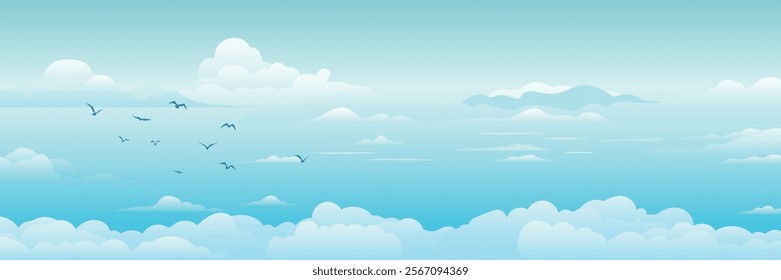 Vector drawing of sky with white clouds, bird flock, cartoon illustration, natural background