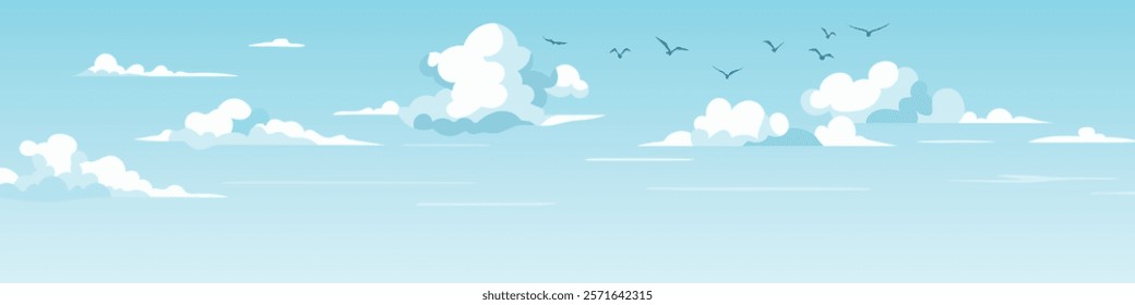 Vector drawing of sky with white clouds, bird flock, cartoon illustration, natural background