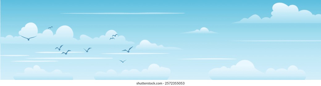 Vector drawing of sky with white clouds, bird flock, cartoon illustration, natural background