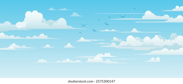 Vector drawing of sky with white clouds, bird flock, cartoon illustration, natural background