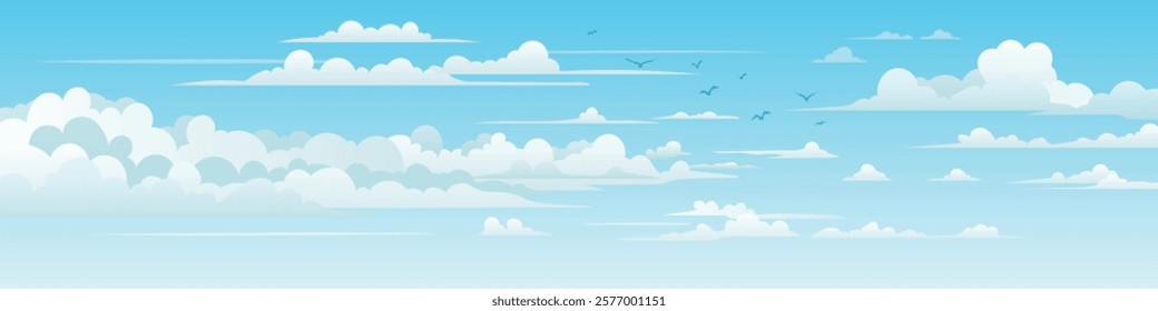 Vector drawing of sky with white clouds, bird flock, cartoon illustration, natural background