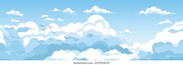 Vector drawing of sky with white clouds, bird flock, cartoon illustration, natural background