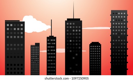 Vector drawing skyscrapers with red sky clouds at night, city concept illustration