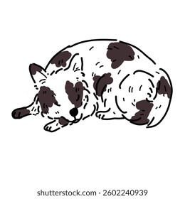 Vector drawing of a sleeping dog with white color and brown spots. The hand-drawn illustration depicts the calm and relaxed pose of a resting dog, executed in a minimalistic artistic style.