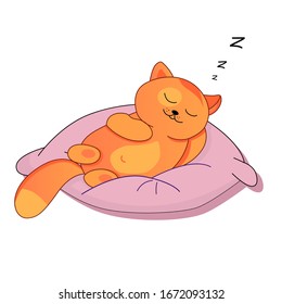 Vector drawing of a sleeping kitten on a big pillow on a white isolated background. Fluffy tail, paws. Style is flat, sticker, print on fabric