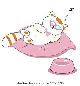 Vector drawing of a sleeping kitten on a big pillow on a white isolated background. Fluffy tail, paws. Style is flat, sticker, print on fabric