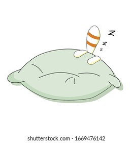 Vector drawing of a sleeping kitten under a large pillow on a white isolated background. Fluffy tail, paws. Style is flat, sticker, print on fabric, texture