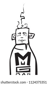 Vector drawing of a sleepy hot coffee cup, mug faced Mugman with his head smoking. T-shirt design, coffee shop, pub, logo, character design concepts