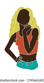 vector drawing of a slender young woman with dark skin and blond hair. young african american woman silhouette. limited color politra, body positive, feminism