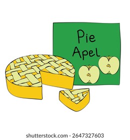 A vector drawing of a sliced apple pie in a traditional woven crust. Suitable for food illustrations, dessert menu designs, or recipe content