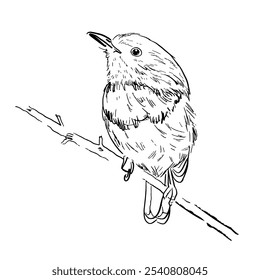 Vector drawing of a small bird on a branch. Bluethroat. Outline drawing of a wild bird. Design element for print, clothing, stickers, cards, fabrics, invitations