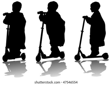 Vector drawing a small child on scooter. Silhouette on white background