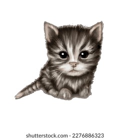vector drawing of a small fluffy kitten looking with big eyes