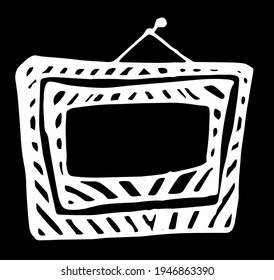 vector drawing of a small rectangular double frame with a pattern of smooth stripes. isolated illustration of a picture frame on a nail with an empty space for text inside a white line on a black back