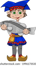 Vector drawing of a smiling boy with a fish in his hands in a Sami suit on a white background.