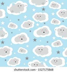 Vector drawing smiling clouds on a blue background with stars