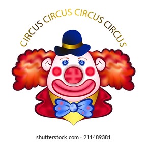 Vector drawing of smiling clown with red hair and red nose.