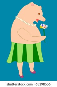Vector drawing of a smiling lady pig in a green skirt sniffing a bouquet of flowers.