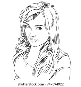 Vector drawing of smiling sexy flirting woman with stylish haircut. Black and white portrait of attractive happy lady. 
