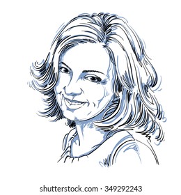 Vector drawing of smiling sincere woman with stylish haircut. Black and white portrait of attractive happy satisfied lady. Model posing.