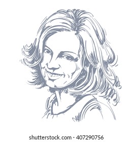 Vector drawing of smiling sincere woman with stylish haircut. Black and white portrait of attractive happy satisfied lady. Model posing.