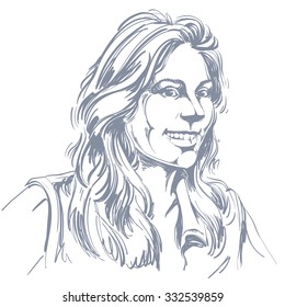 Vector drawing of smiling woman with stylish haircut. Black and white portrait of attractive happy lady. 