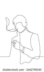 Vector drawing of a smoking man. A man in a coat with short hair exhales smoke and holds a cigarette. One continuous line drawing of a smoker